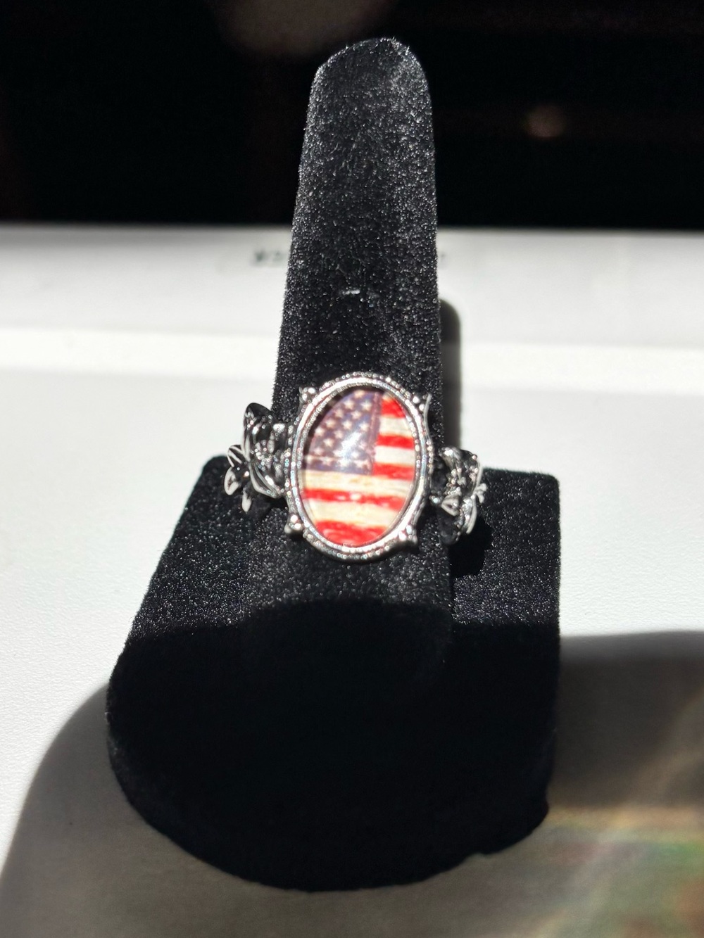 Patriotic Oval Flag Ring - Silver Tone Size 7